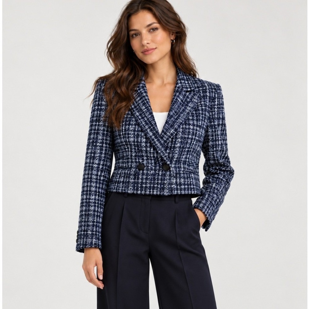 Rag & Bone Elvy Blazer Women 10 Navy White Cropped Tweed Double Breasted